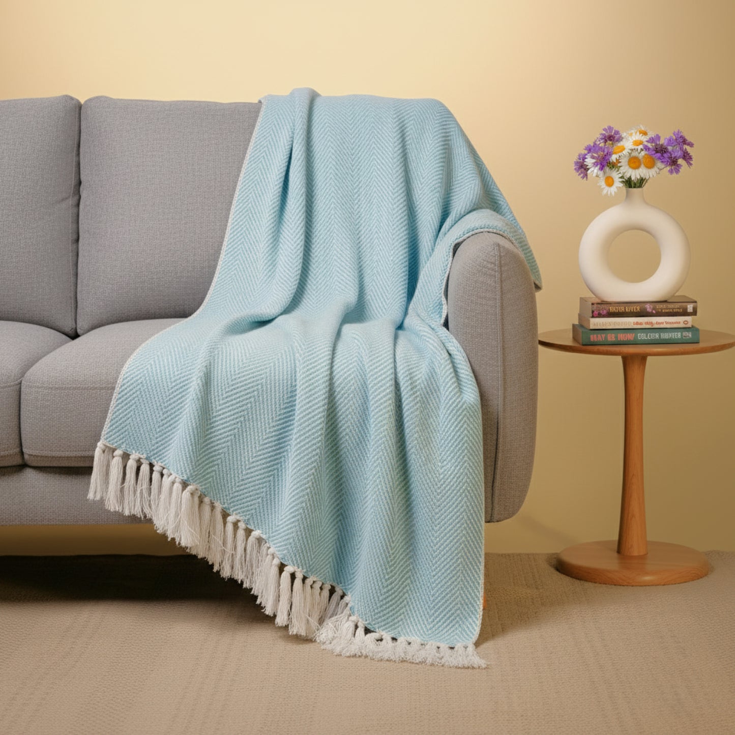 Hand-Knitted All Season Throw Blanket – Cotton Blend |  Sky Blue | 80x52 Inches