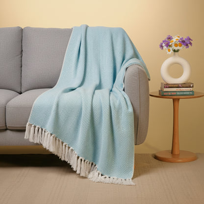 Hand-Knitted All Season Throw Blanket – Cotton Blend |  Sky Blue | 80x52 Inches