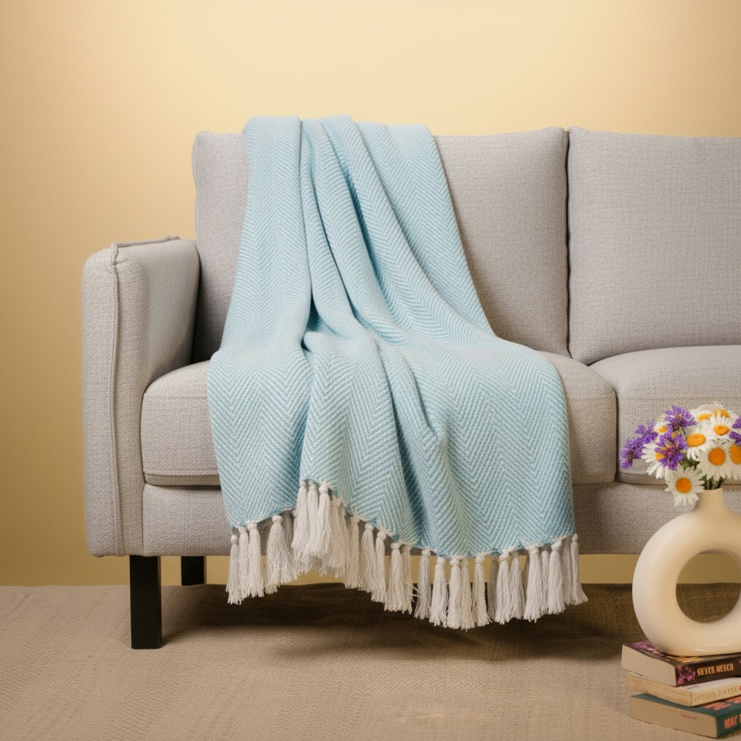 Hand-Knitted All Season Throw Blanket – Cotton Blend |  Sky Blue | 80x52 Inches