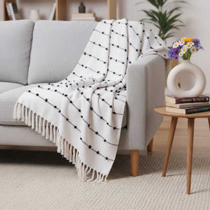 Hand-Knitted All Season Throw Blanket – Cotton Blend | Beige & Black | 80x52 Inches