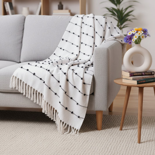 Hand-Knitted All Season Throw Blanket – Cotton Blend | Beige & Black | 80x52 Inches