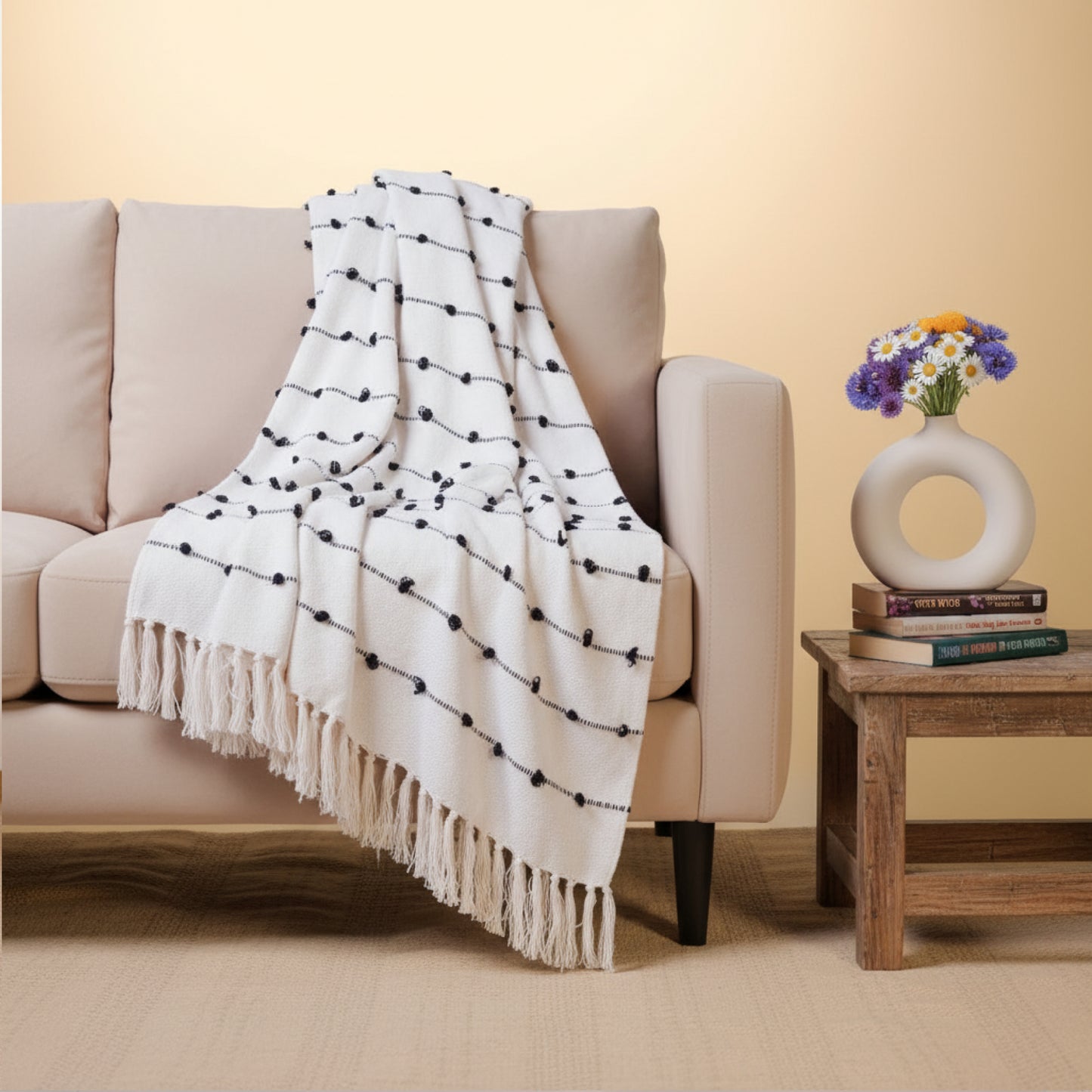 Hand-Knitted All Season Throw Blanket – Cotton Blend | Beige & Black | 80x52 Inches