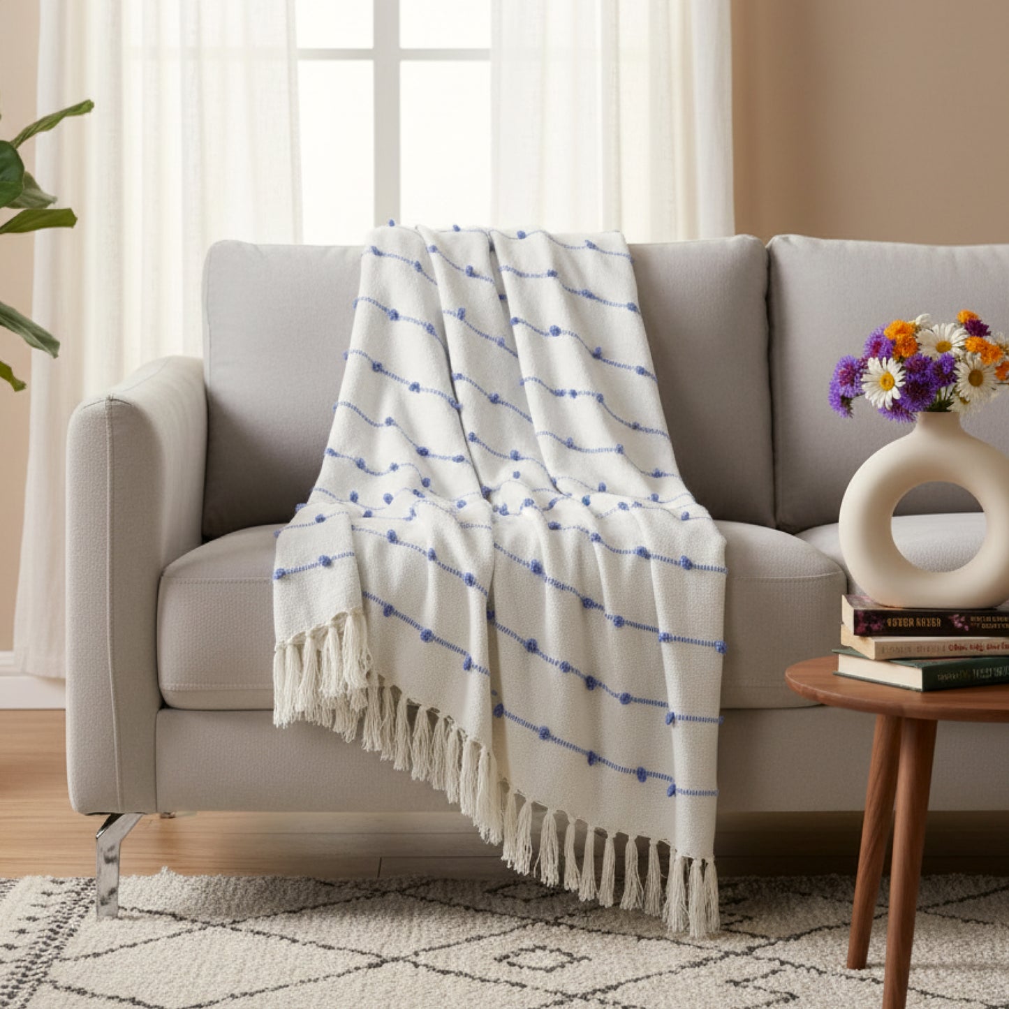 Hand-Knitted All Season Throw Blanket – Cotton Blend | Beige & Blue | 80x52 Inches