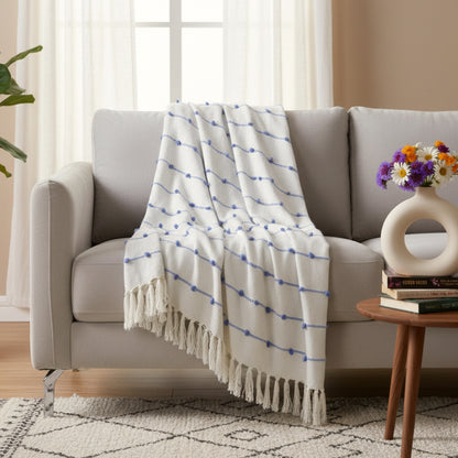 Hand-Knitted All Season Throw Blanket – Cotton Blend | Beige & Blue | 80x52 Inches