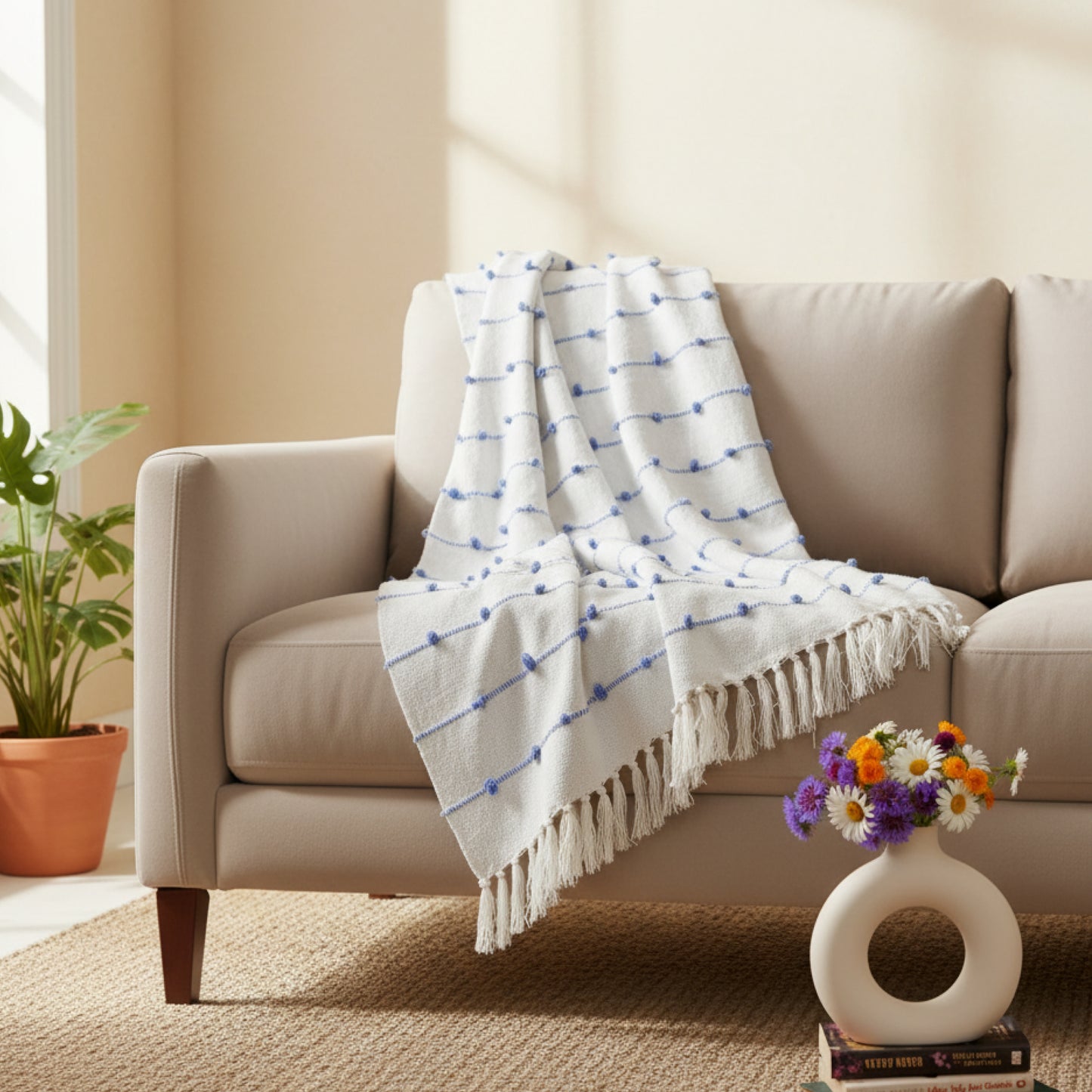 Hand-Knitted All Season Throw Blanket – Cotton Blend | Beige & Blue | 80x52 Inches