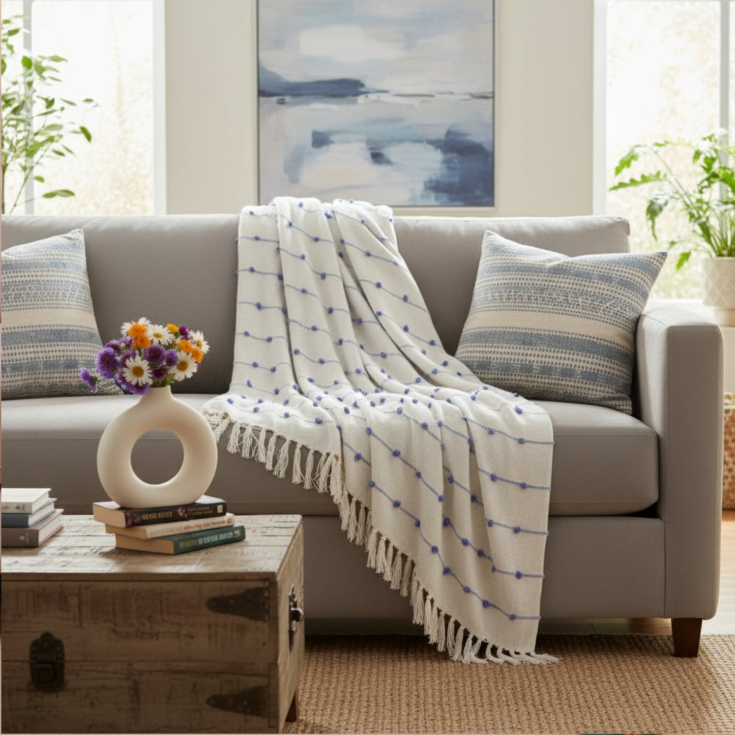 Hand-Knitted All Season Throw Blanket – Cotton Blend | Beige & Blue | 80x52 Inches