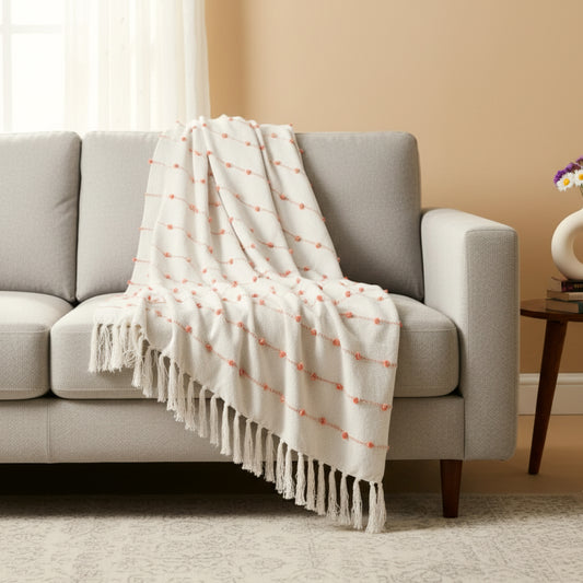 Hand-Knitted All Season Throw Blanket – Cotton Blend | Beige & Royal | 80x52 Inches