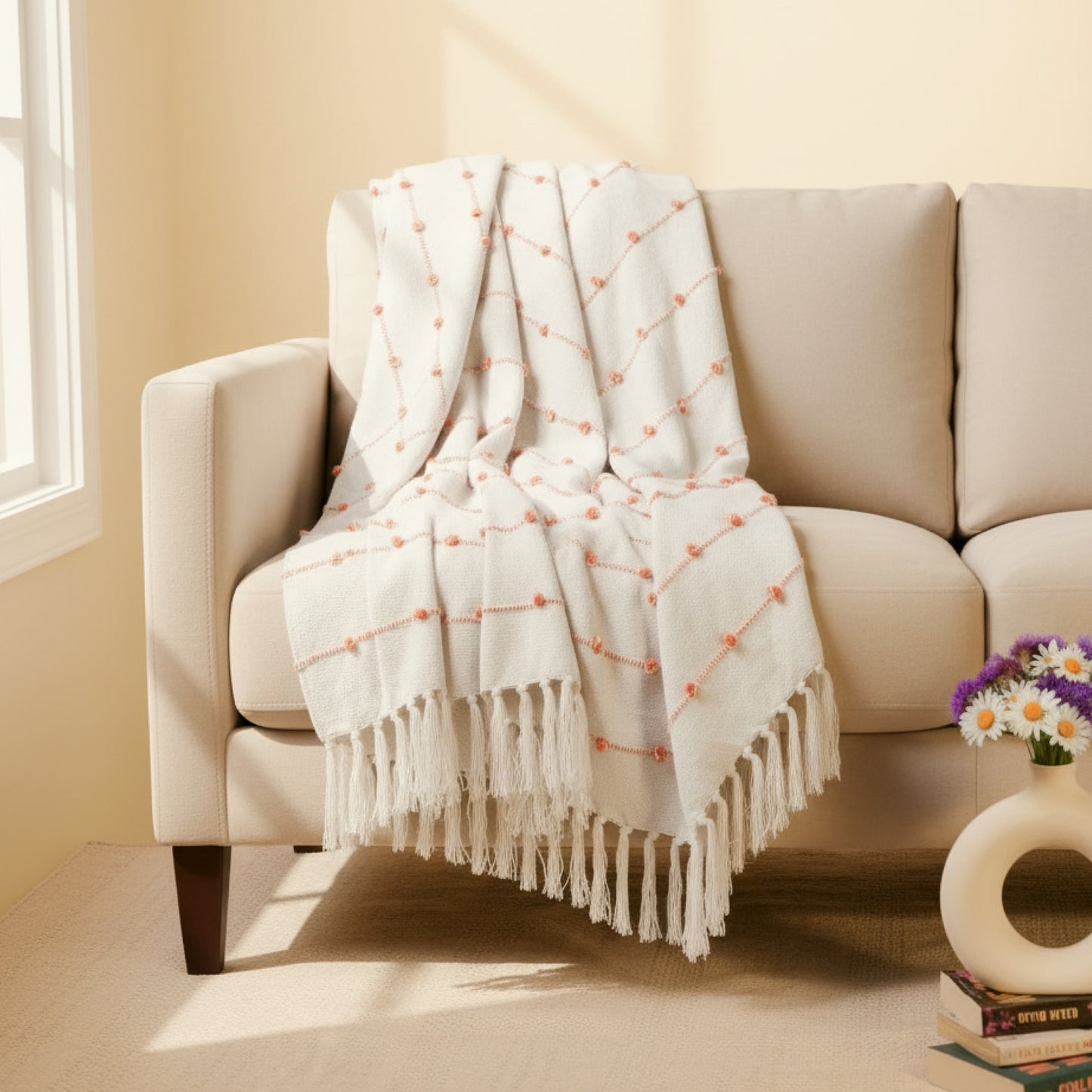Hand-Knitted All Season Throw Blanket – Cotton Blend | Beige & Royal | 80x52 Inches