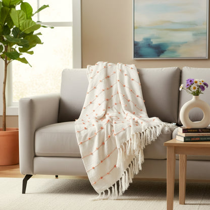 Hand-Knitted All Season Throw Blanket – Cotton Blend | Beige & Royal | 80x52 Inches