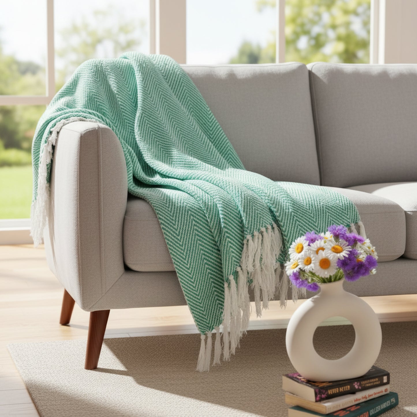 SAJAVAT HOME Hand-Knitted All Season Throw Blanket – Cotton Blend | Green | 80x52 Inches