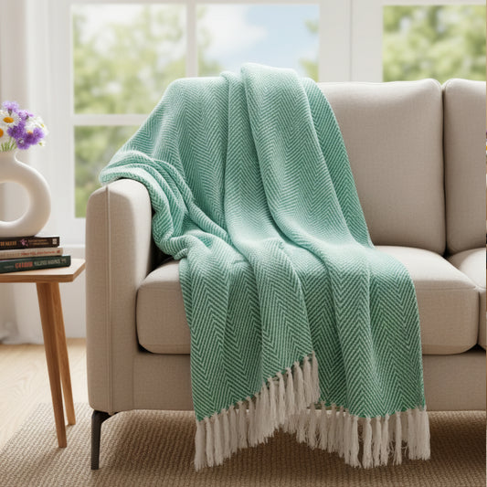 SAJAVAT HOME Hand-Knitted All Season Throw Blanket – Cotton Blend | Green | 80x52 Inches