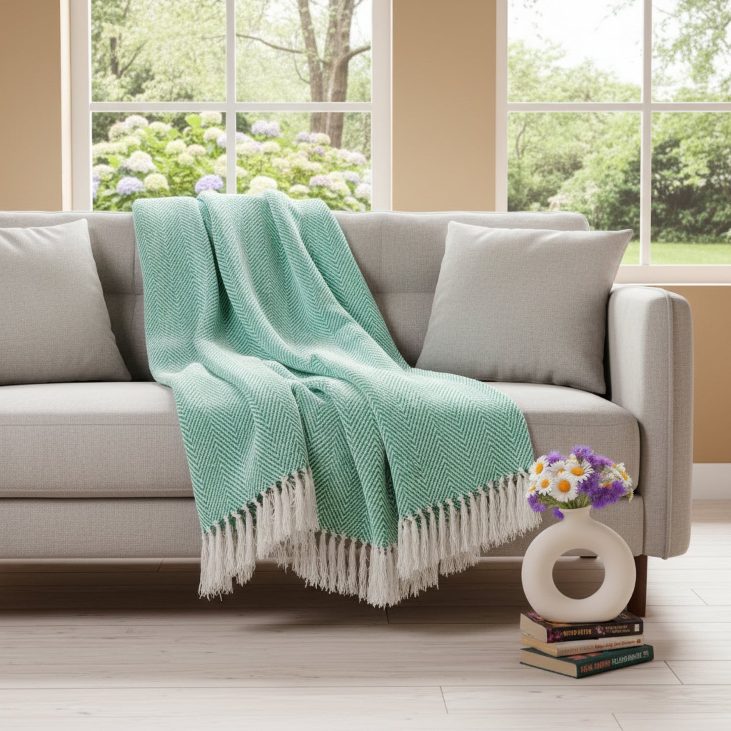 SAJAVAT HOME Hand-Knitted All Season Throw Blanket – Cotton Blend | Green | 80x52 Inches