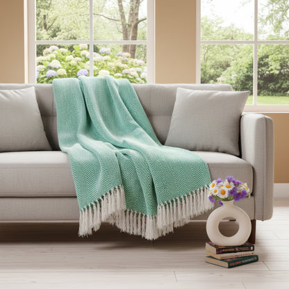 SAJAVAT HOME Hand-Knitted All Season Throw Blanket – Cotton Blend | Green | 80x52 Inches