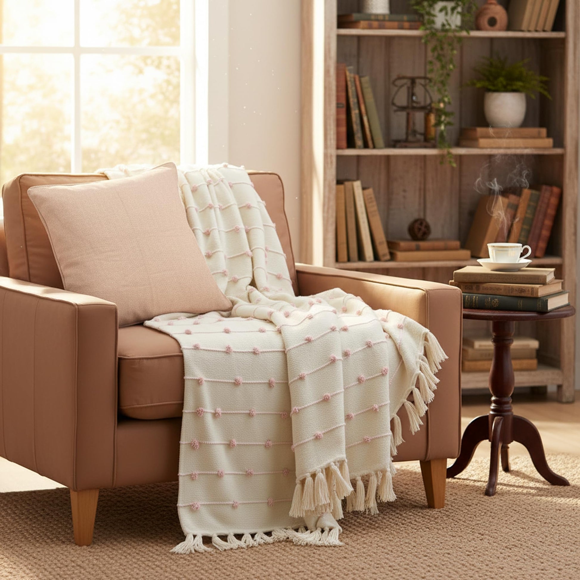 Brown armchair with a white textured blanket in a cozy living room setting.