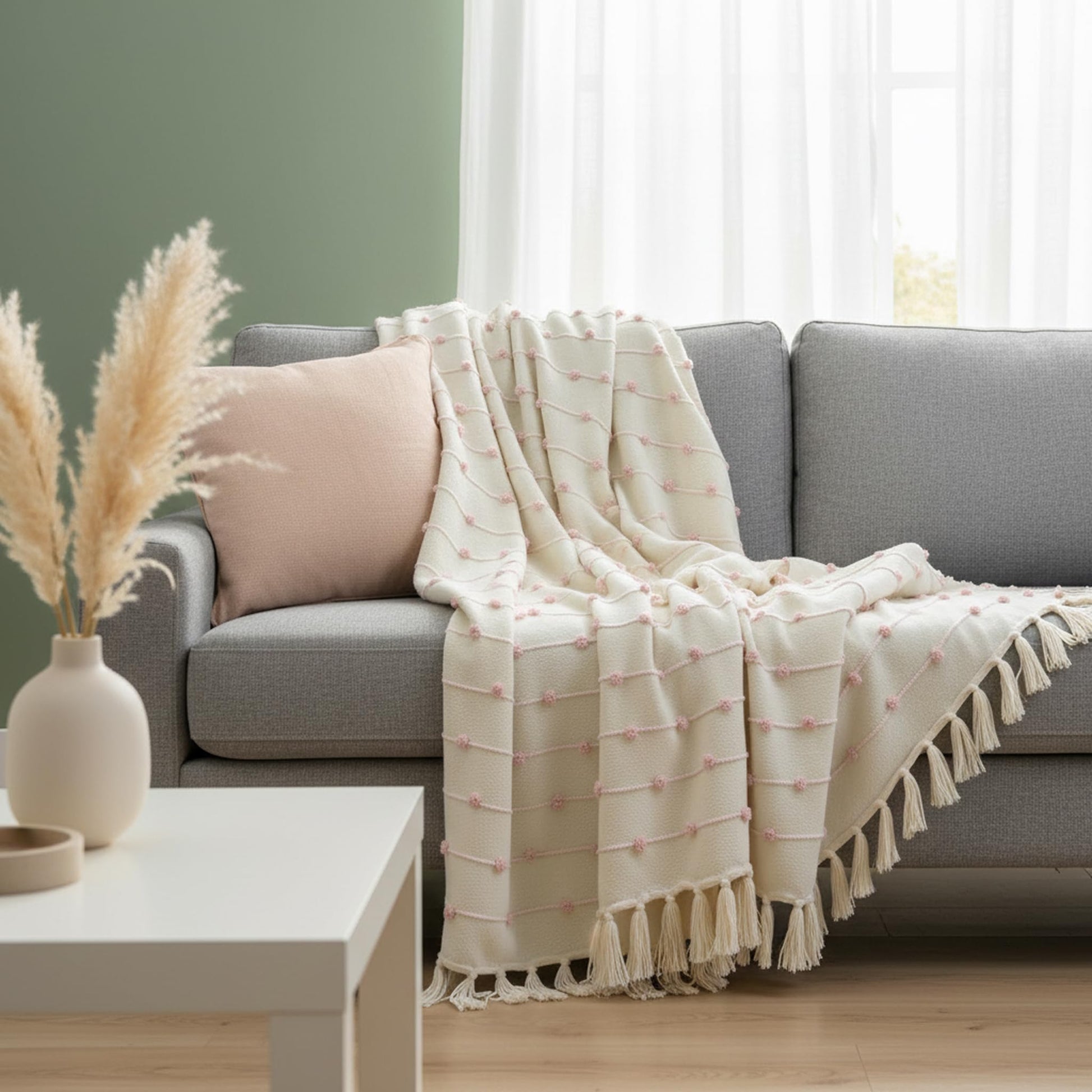 Gray sofa with a white textured blanket draped over it in a living room setting.