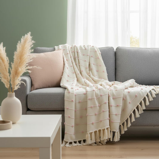 Gray sofa with a white textured blanket draped over it in a living room setting.