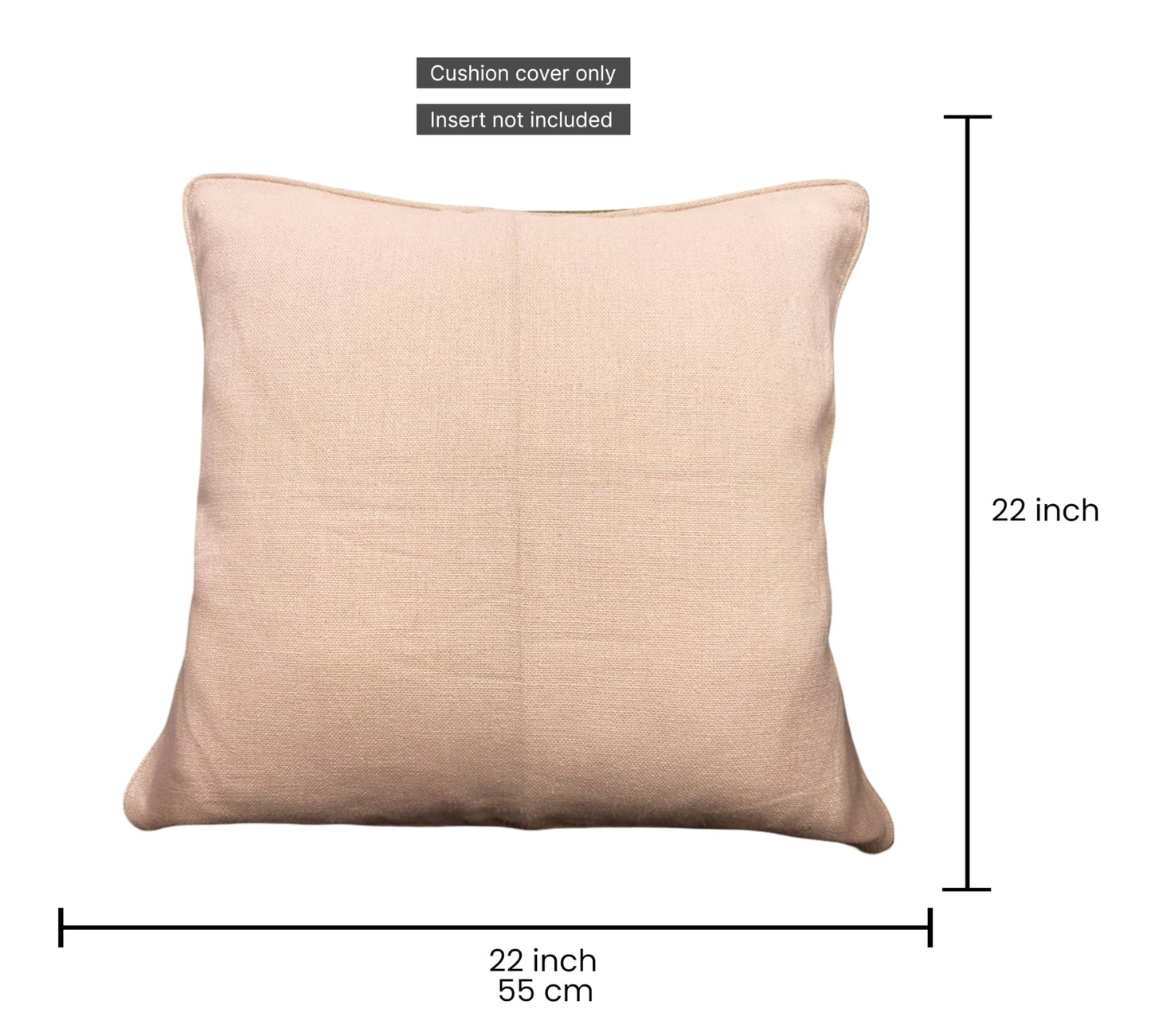 Beige pillow with dimensions on a white background