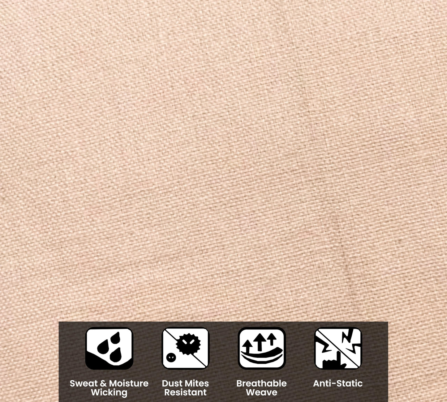 Beige fabric texture with feature icons and text on a beige background