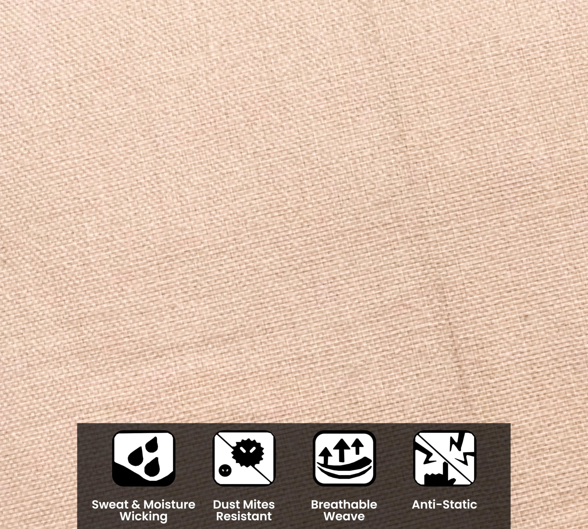 Beige fabric texture with feature icons and text on a beige background