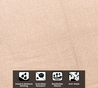 Beige fabric texture with feature icons and text on a beige background