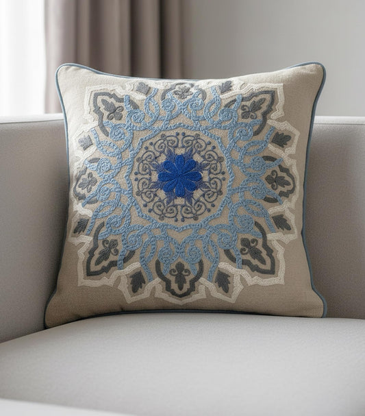 Beige & Blue Throw & Cushion Cover