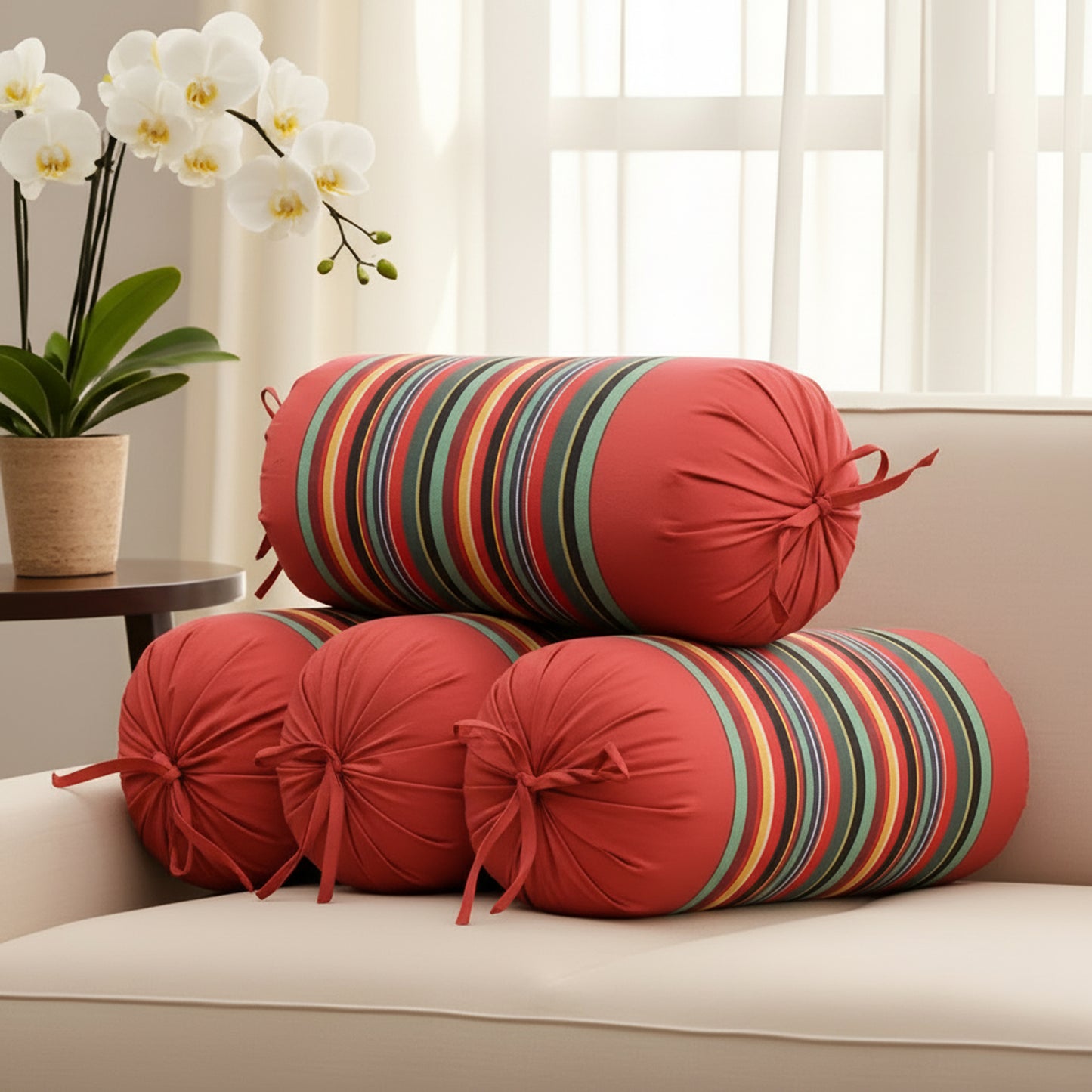 Pure Cotton Red Multi Bolster Cover - Pack of 4