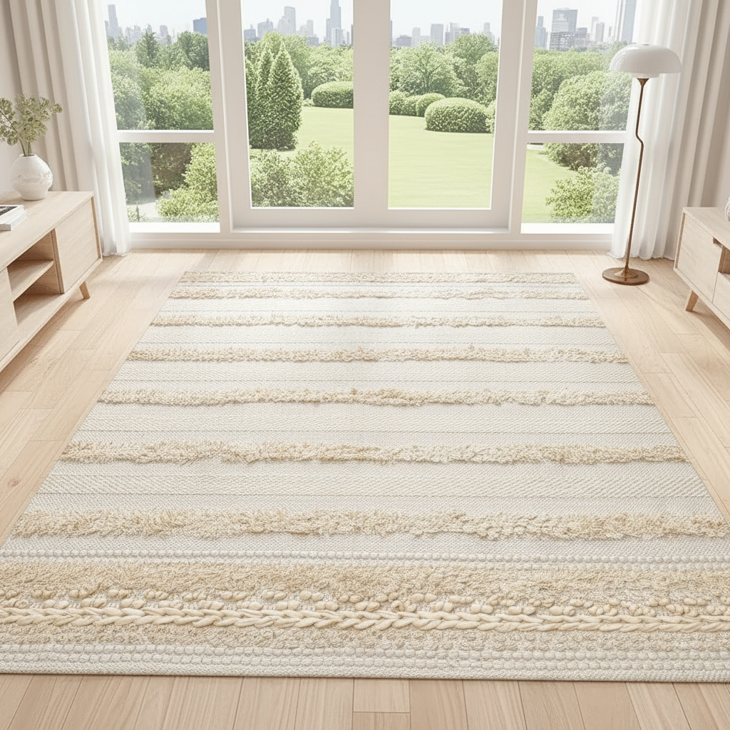 Cream and white hand-knitted cotton rug with textured stripes on a wooden floor.