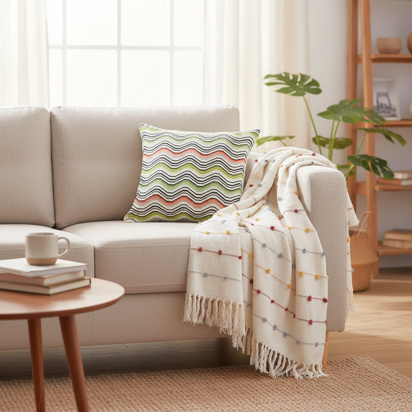 Cozy living room with a beige sofa, striped pillow, and blanket.