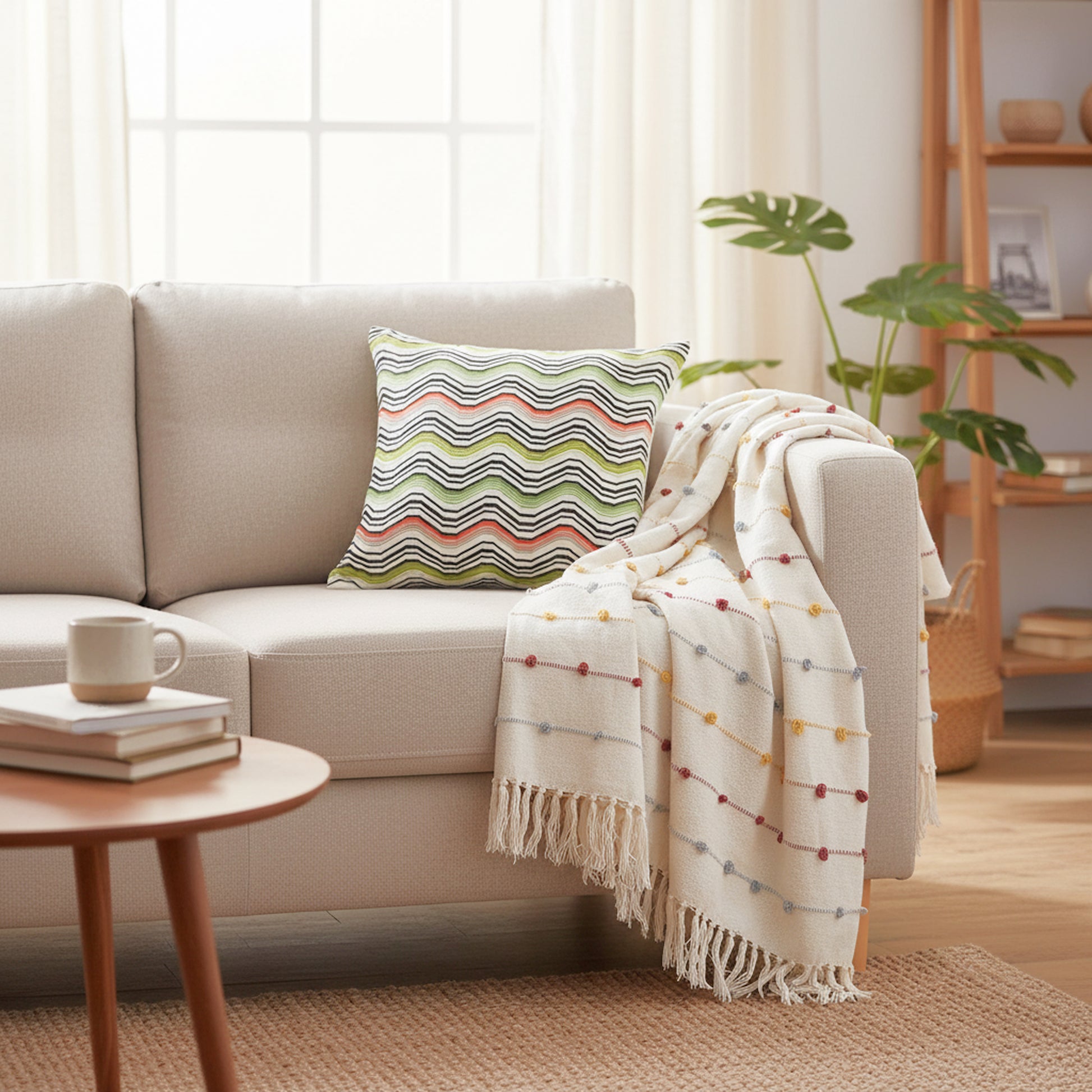 Cozy living room with a beige sofa, striped pillow, and blanket.