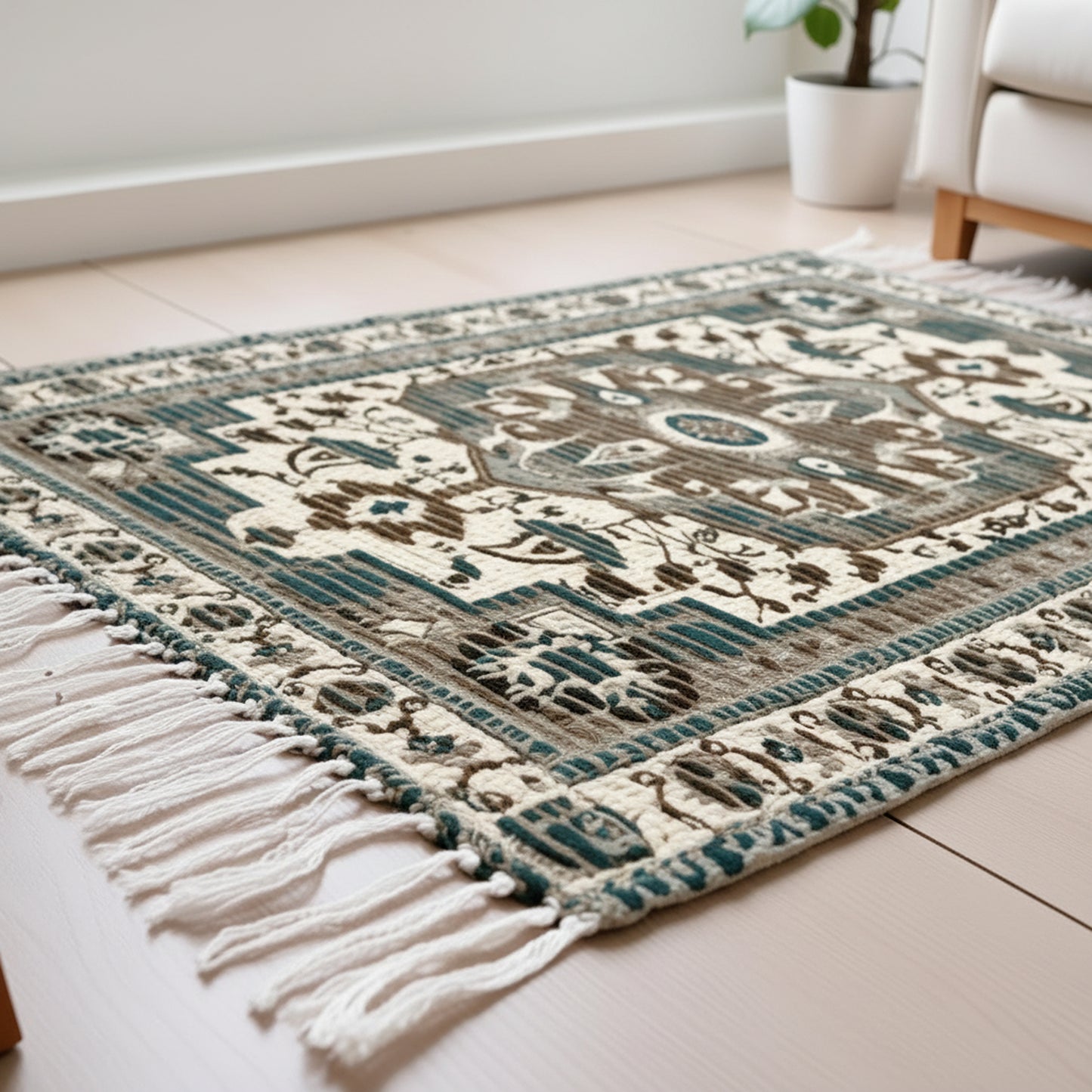 Braided Cotton & Jute Printed Floor Rug – Aegean Green