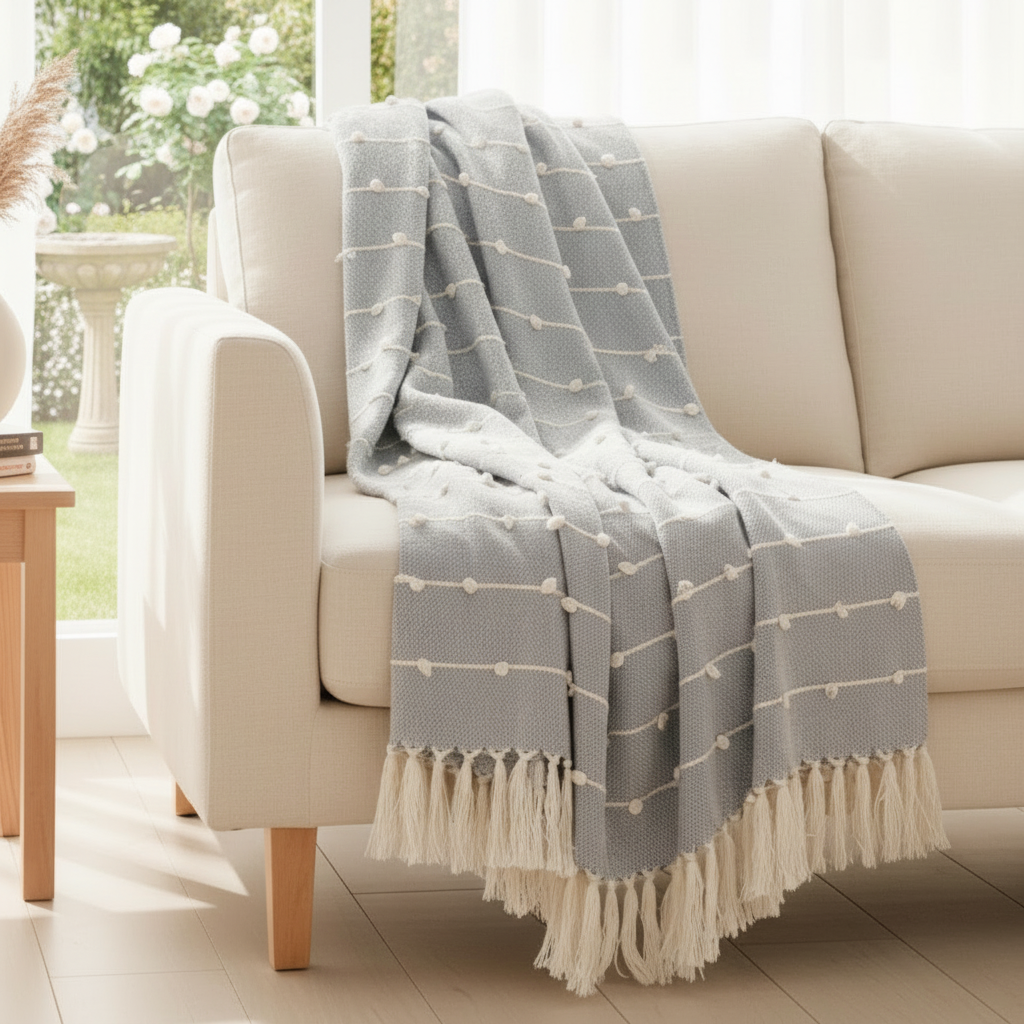 Light grey hand-knitted throw blanket with white bobbles and tassels on a sofa.