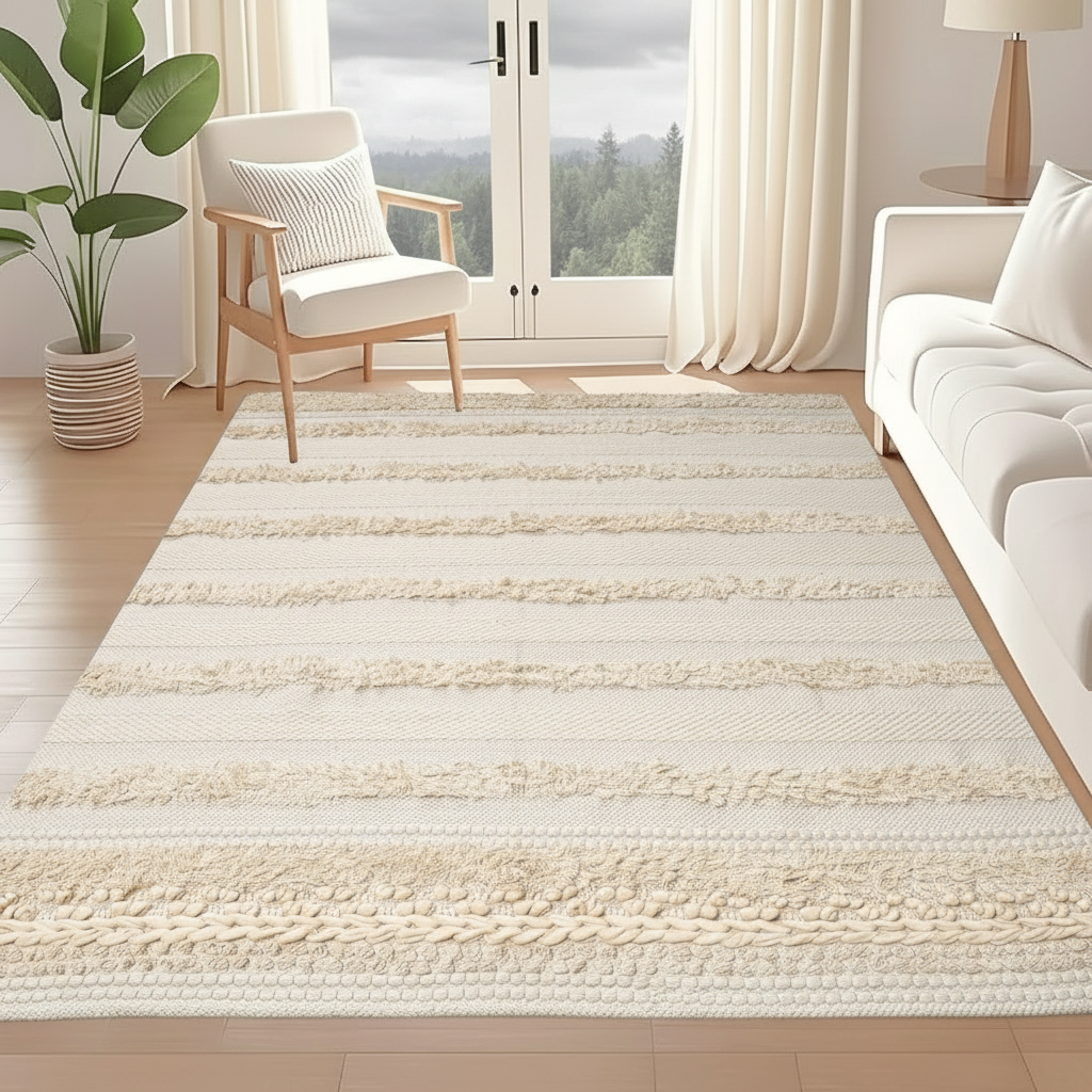 Hand-knitted cream and white cotton rug with varied textured stripes.