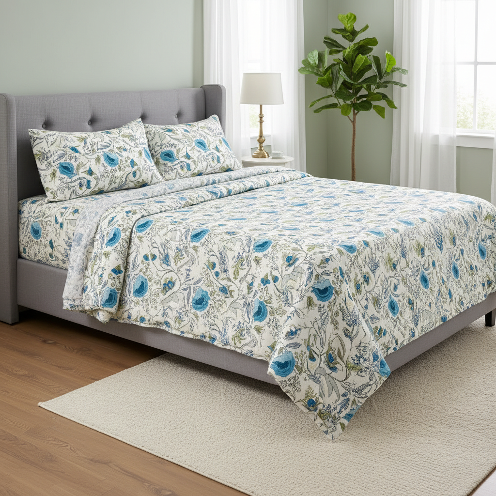 Beige & Anokhi Floral Print  Bedsheet 2 Pillow Covers