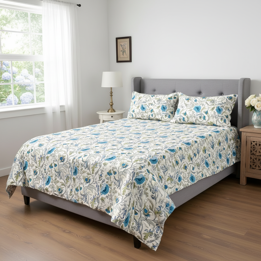 Beige & Anokhi Floral Print  Bedsheet 2 Pillow Covers