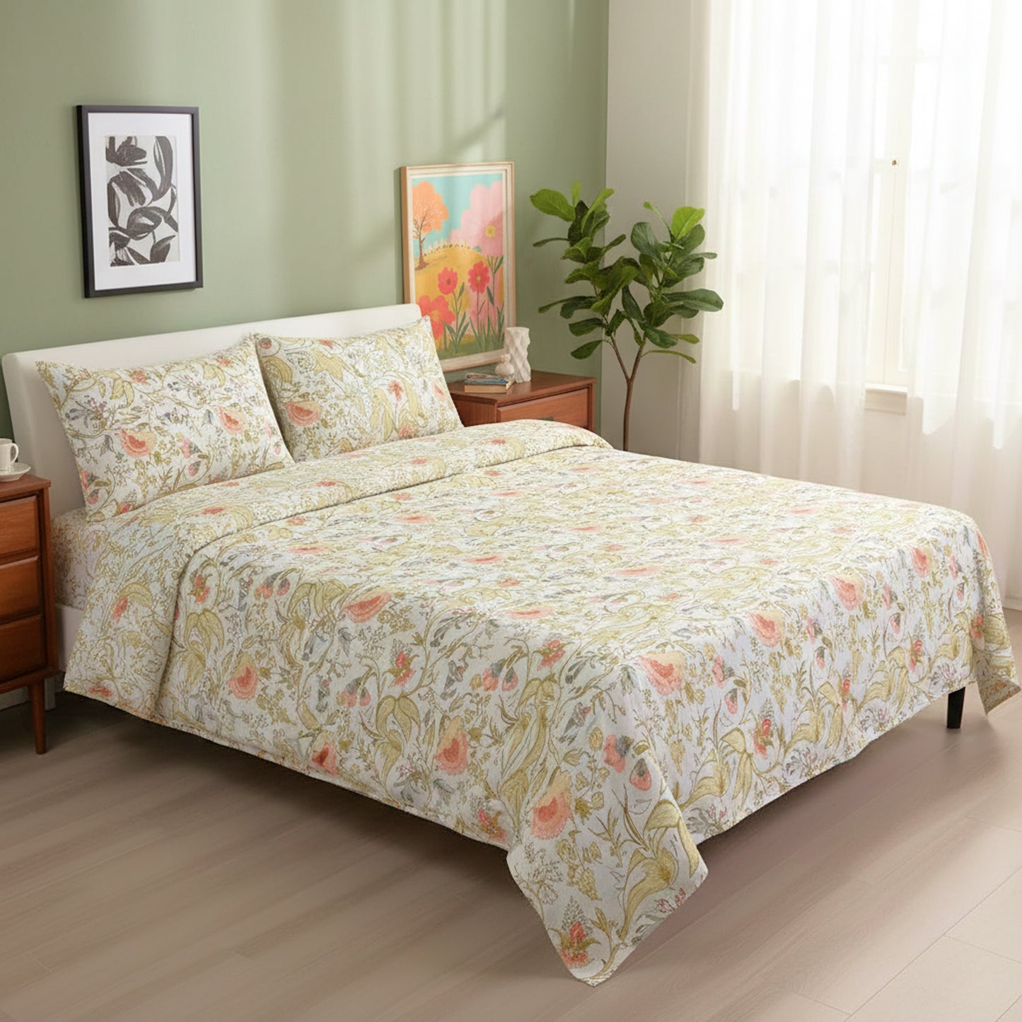 Mustard Yellow Printed  Bedsheet 2 Pillow Covers