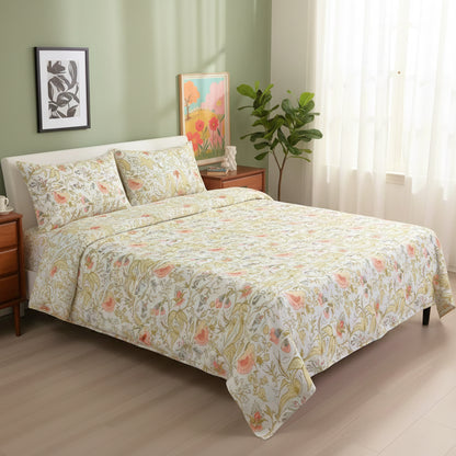 Mustard Yellow Printed  Bedsheet 2 Pillow Covers