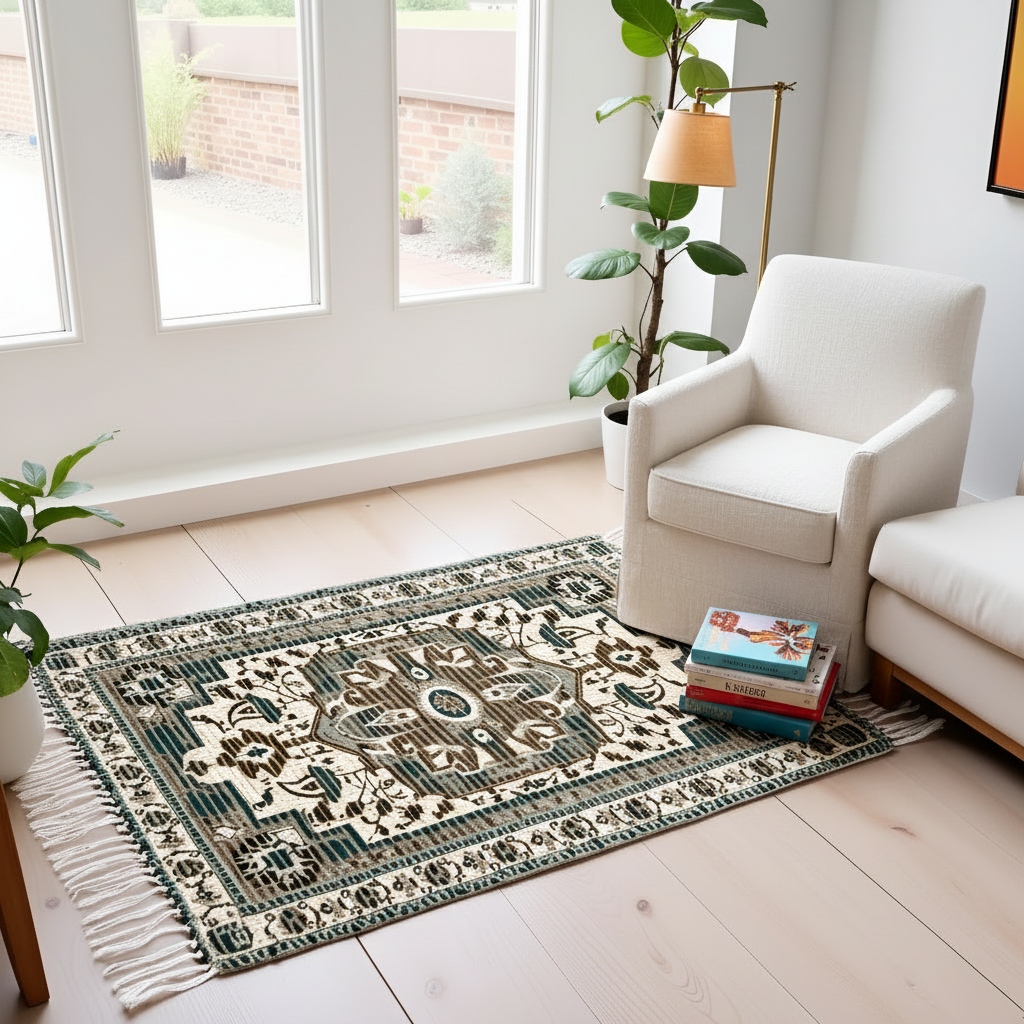 Braided Cotton & Jute Printed Floor Rug – Aegean Green