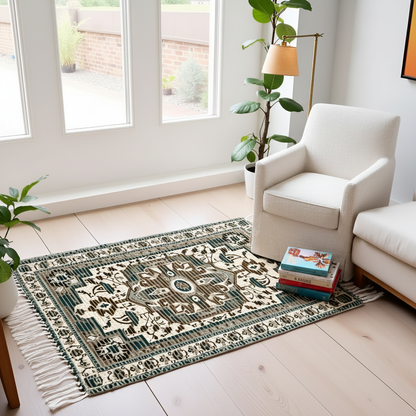 Braided Cotton & Jute Printed Floor Rug – Aegean Green