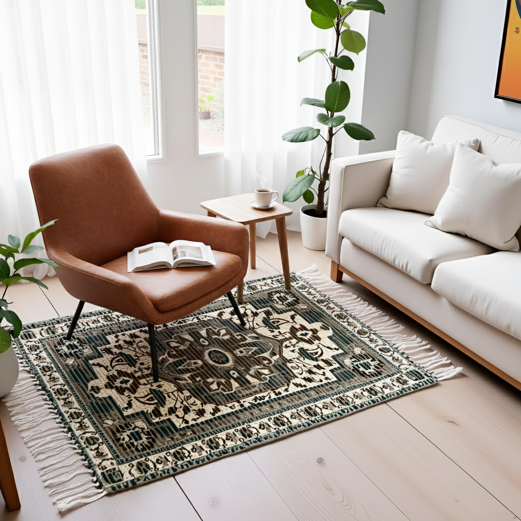 Braided Cotton & Jute Printed Floor Rug – Aegean Green