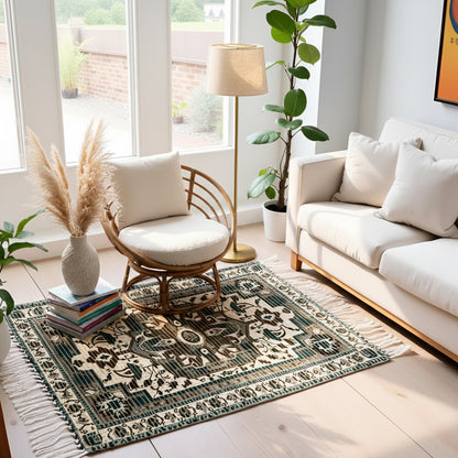 Braided Cotton & Jute Printed Floor Rug – Aegean Green