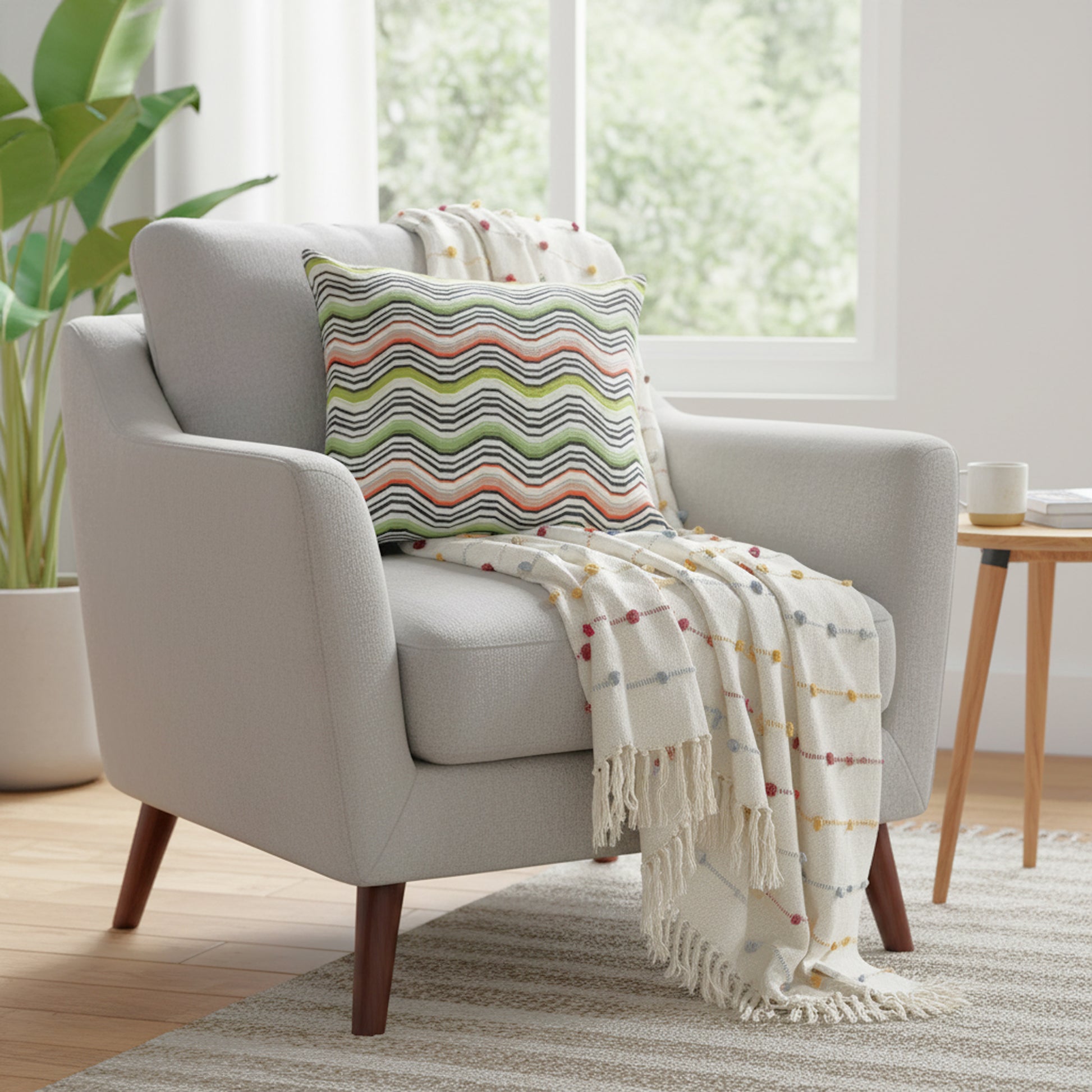 Gray armchair with a colorful pillow and blanket in a bright living room.