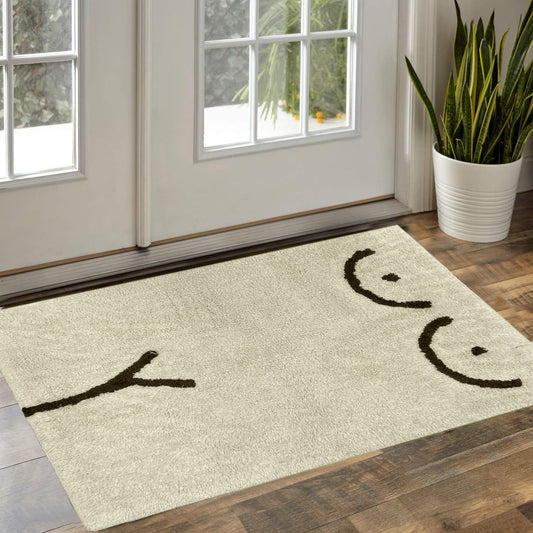 Cream & Brown Cotton Floor Rug